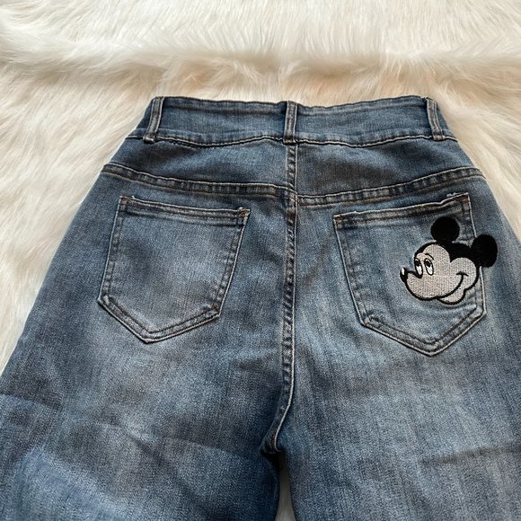 Jeans F.A.Shion High Waist Slim Raw Hem Mickey Mouse Embroidered Patch Size 24 - Picture 9 of 9